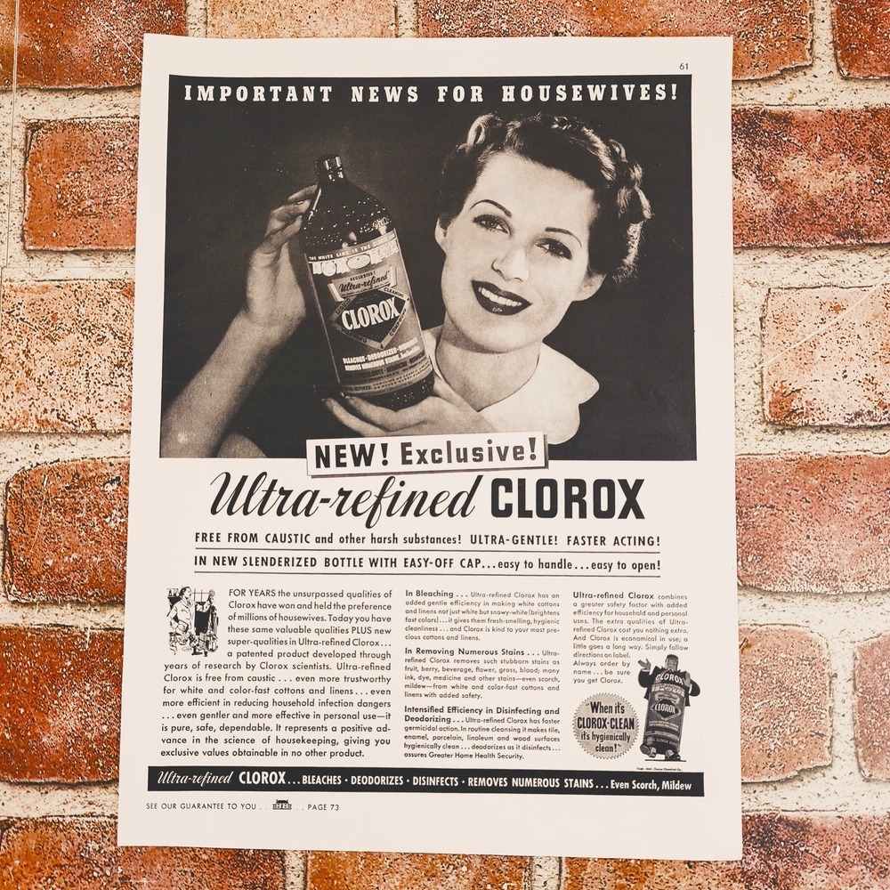 1940 Clorox Print Ad Smiling Happy Housewife Cleanser 9.5 x 12.75 Vtg Grayscale